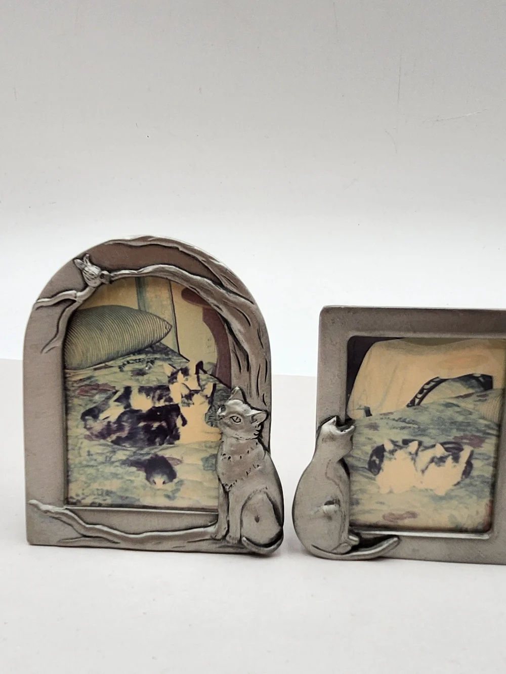 2 Vintage Pewter Silver Cat Mini Picture Frame Pair 2x3